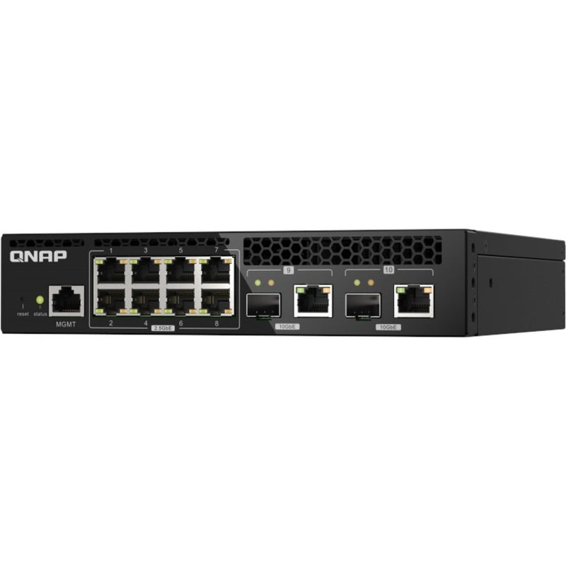 Profile view of QNAP QSW-M2108R-2C emphasizing port arrangement and cable management