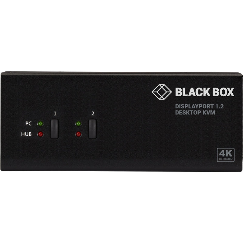 Front view of Black Box KVM switch showing dual computer controls and LED indicators