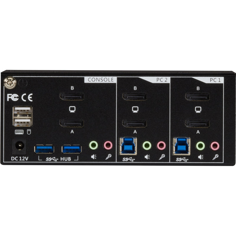 Rear panel view of Black Box KVM switch showing DisplayPort, USB, and audio connections