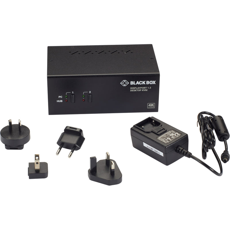 Black Box KVM switch with included international power adapters and accessories