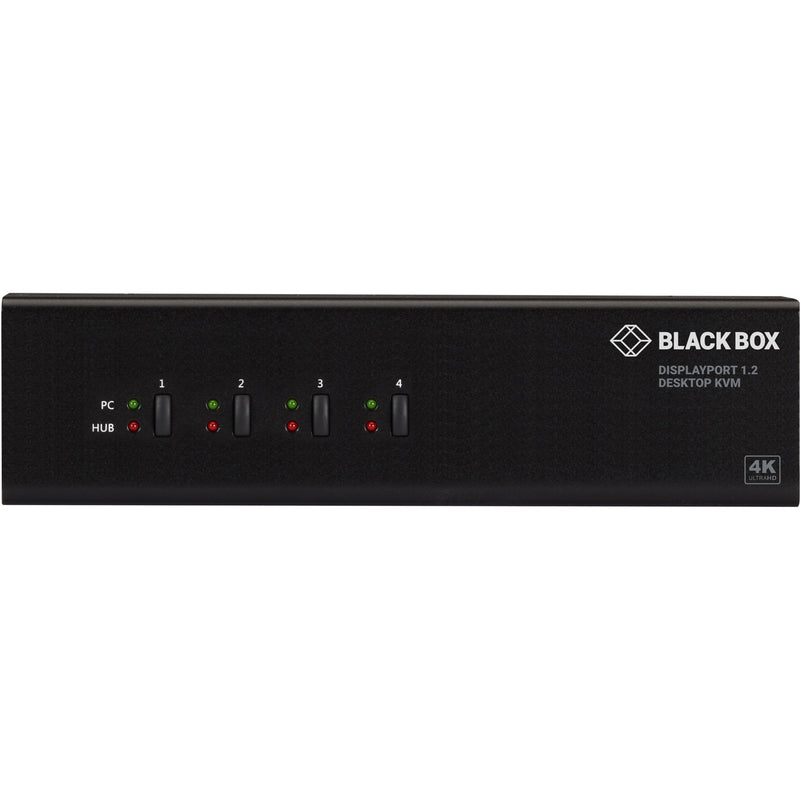 Front panel view of Black Box KVM switch showing four computer selection buttons with LED indicators