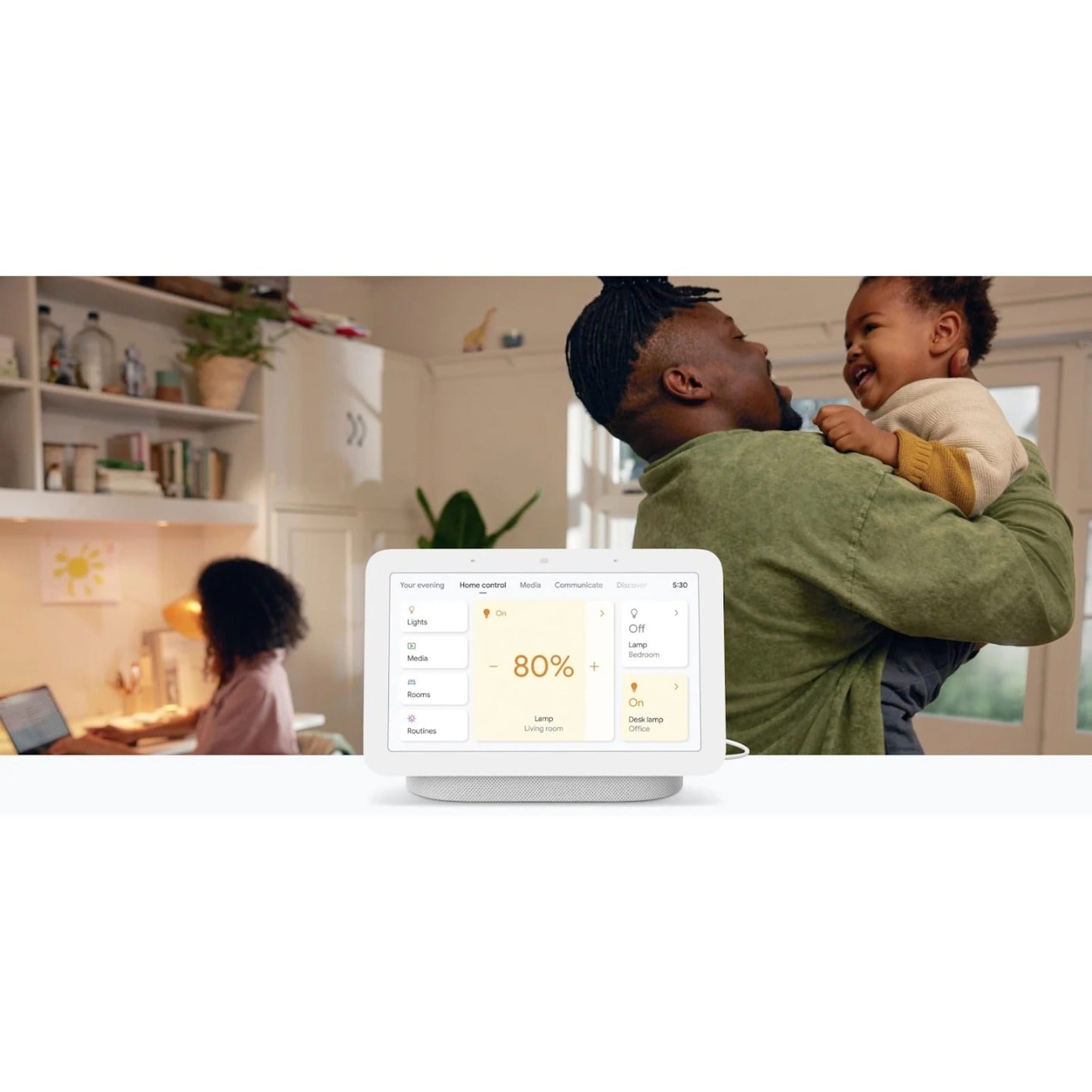 Nest Hub showing smart home controls in family setting-alternate-image11