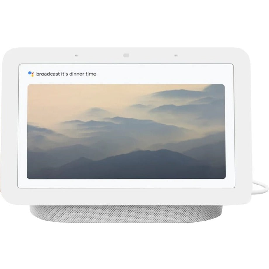 Google Nest Hub displaying broadcast message feature with mountain background-alternate-image3