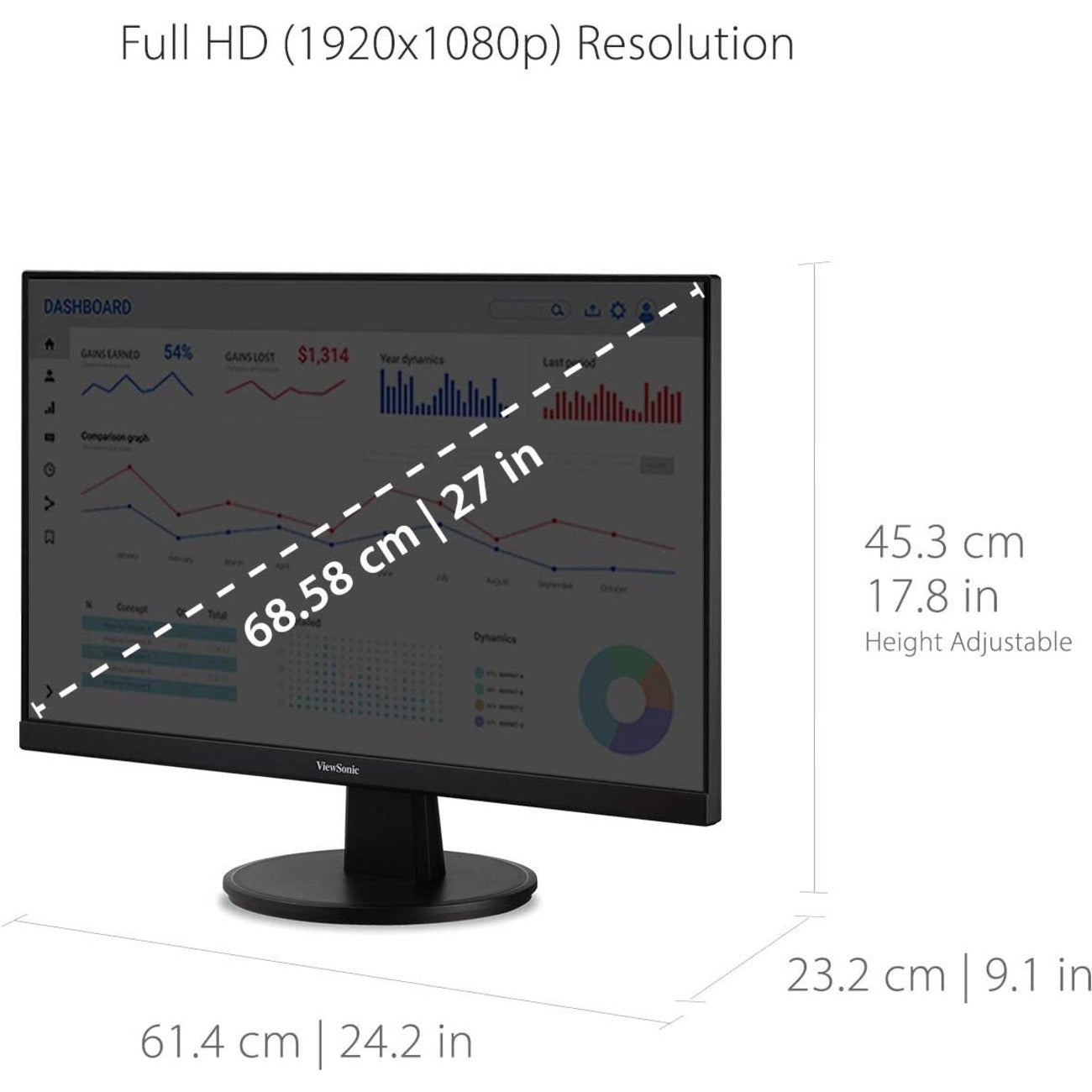 شاشة LCD عريضة ViewSonic VA2747-MH، دقة عالية كاملة 27"، HDMI، VGA، سطوع 250 نيت، 16.7 مليون لون