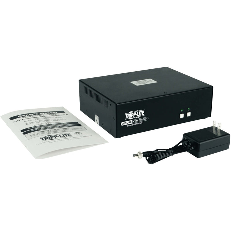 Product package contents including Tripp Lite secure KVM switch, manual, and power supply