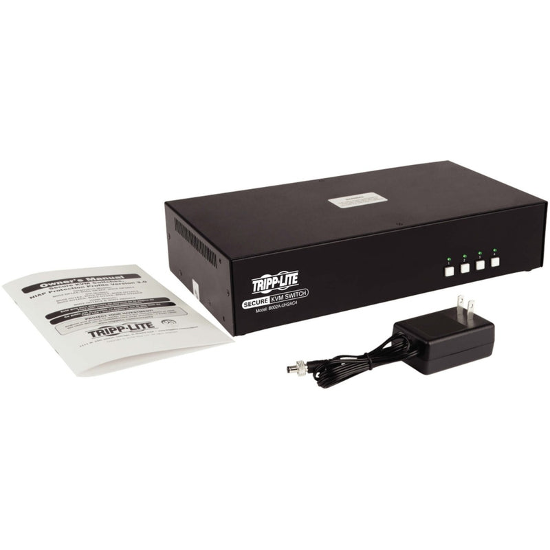 Product package contents including KVM switch, power adapter, and manual