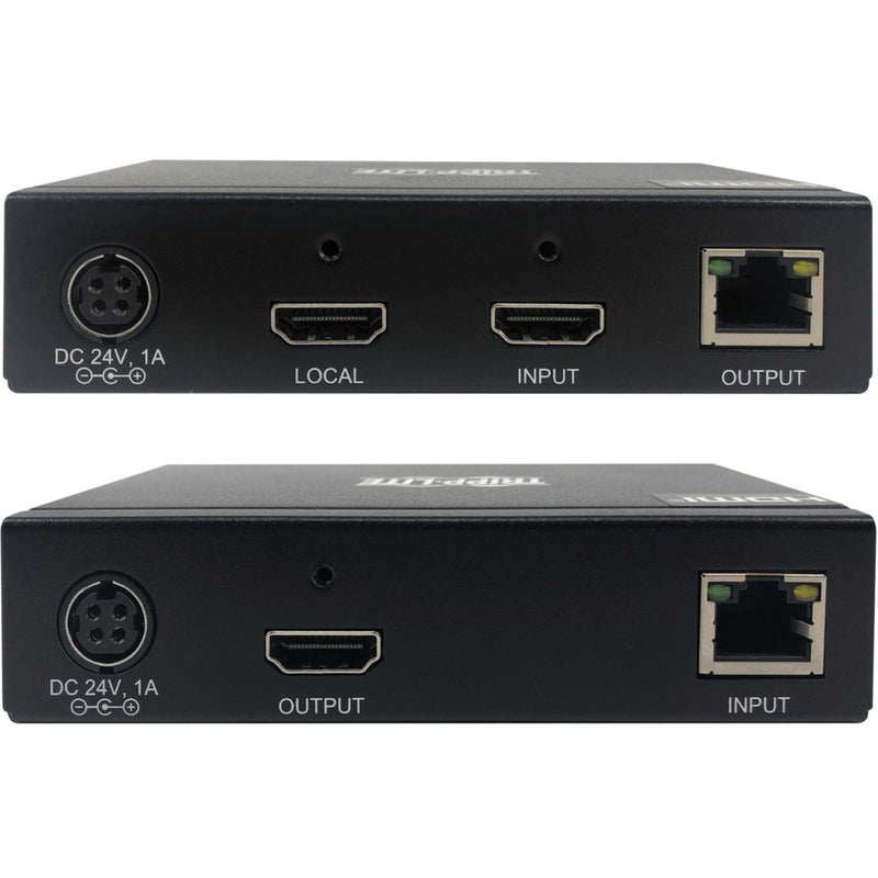 Close-up view of Tripp Lite B127A-1A1-BHBH connection ports showing HDMI, network, and power interfaces