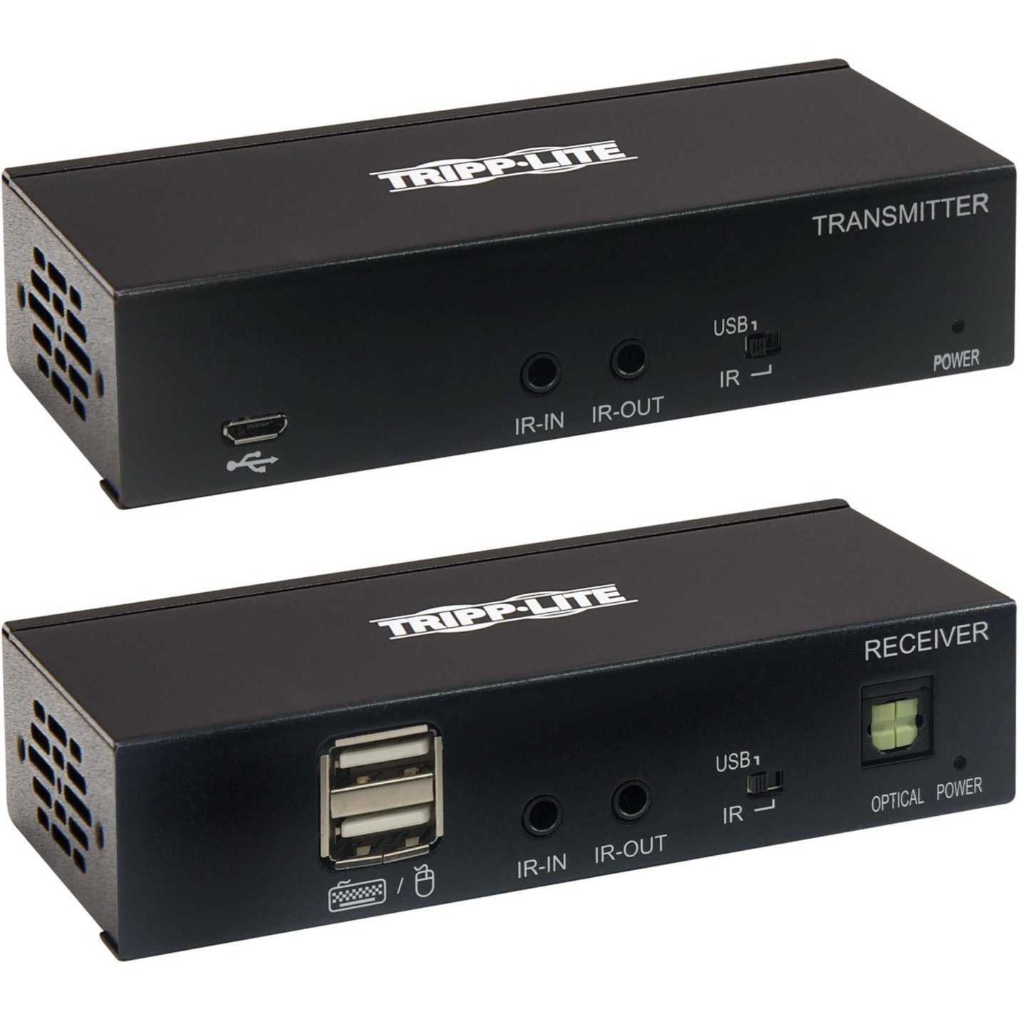 Front view of Tripp Lite B127A-1A1-BHBH transmitter and receiver units showing USB, IR, and power interfaces-alternate-image1