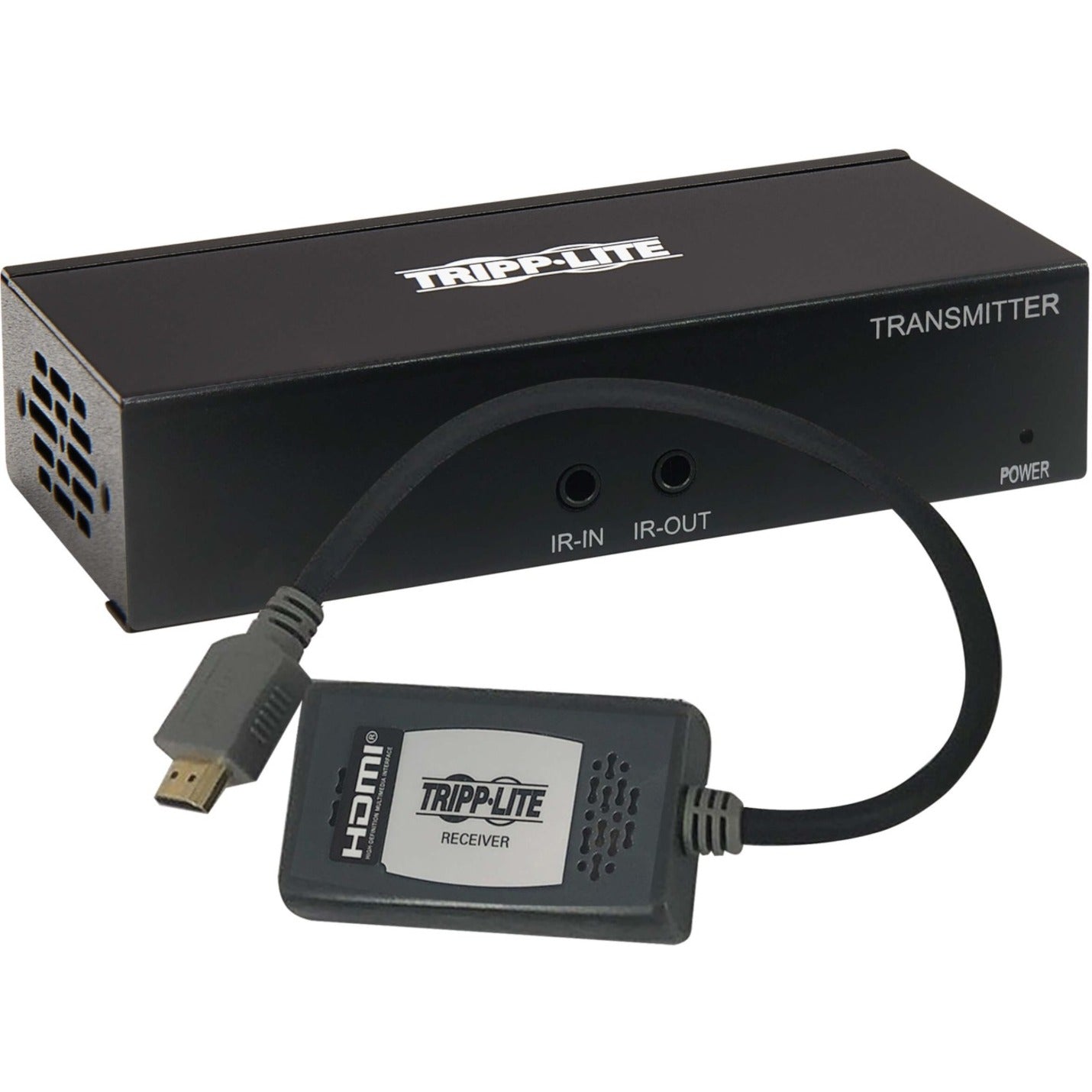 Tripp Lite HDMI transmitter unit with connected receiver showing IR control ports-alternate-image1