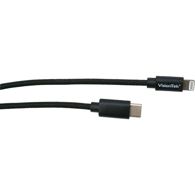 VisionTek black braided USB-C to Lightning cable with branded connectors showing both USB-C and Lightning ends