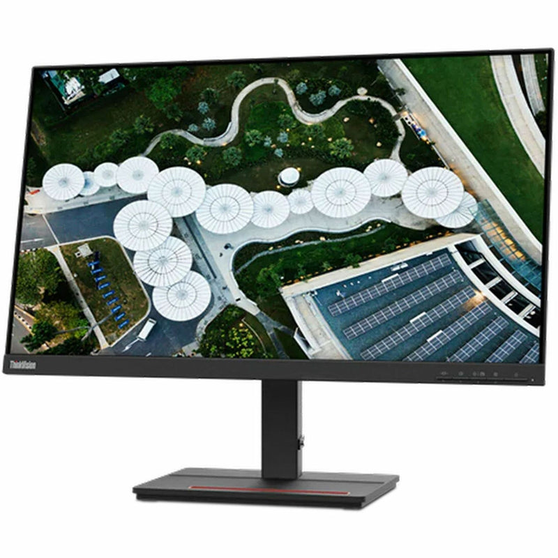 Lenovo ThinkVision S24e-20 monitor displaying high-resolution aerial photograph of circular structures and solar panels