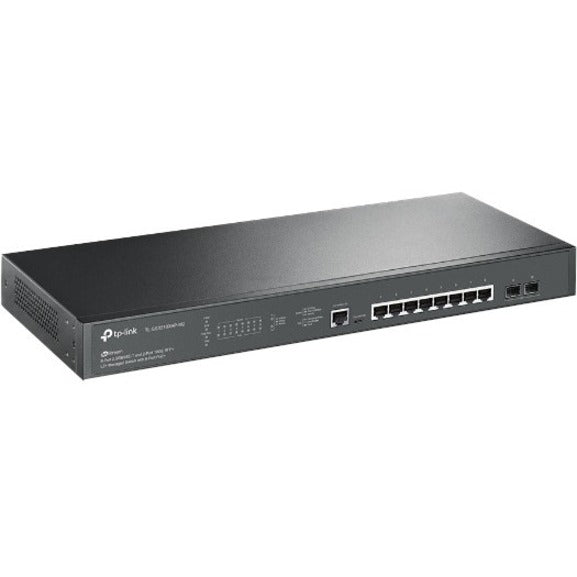 Angled view of TP-Link TL-SG3210XHP-M2 switch showing sleek metal chassis and port arrangement