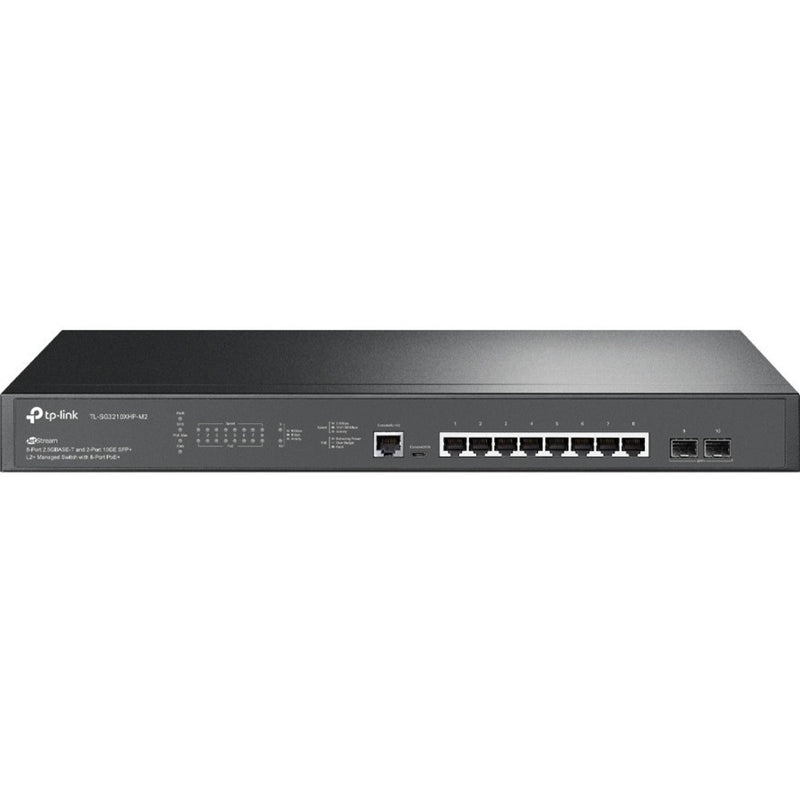 Front view of TP-Link TL-SG3210XHP-M2 managed switch showing 8 PoE+ ports, 2 SFP+ slots, and LED indicators