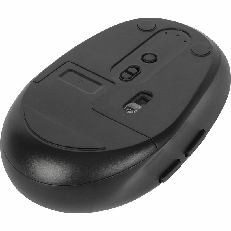 Bottom view of Targus wireless mouse showing connectivity controls and battery compartment