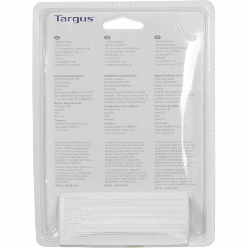 Technical specifications panel on Targus mouse packaging