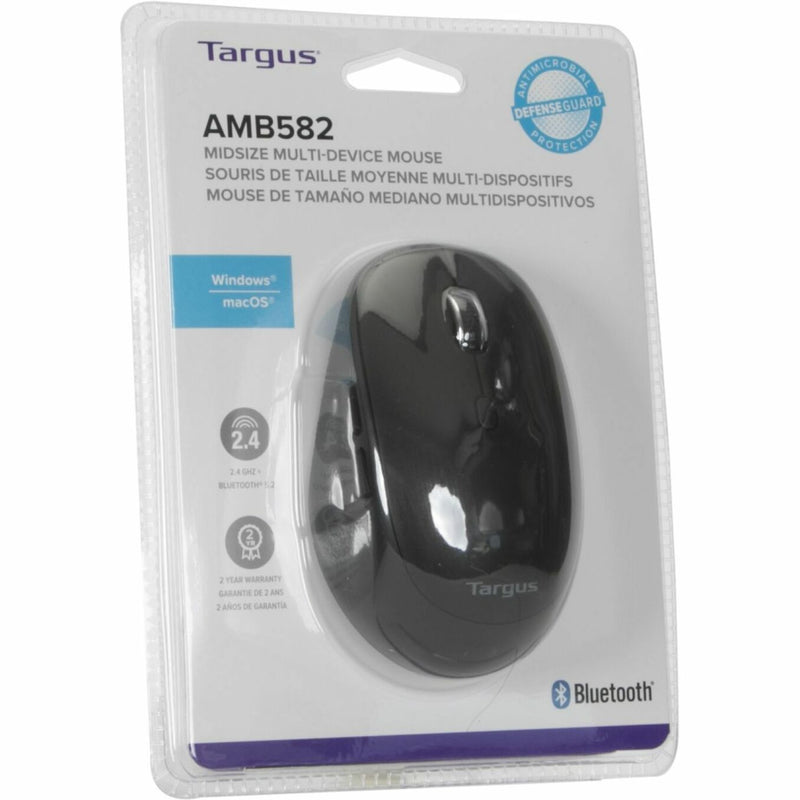 Back view of Targus wireless mouse retail packaging showing specifications