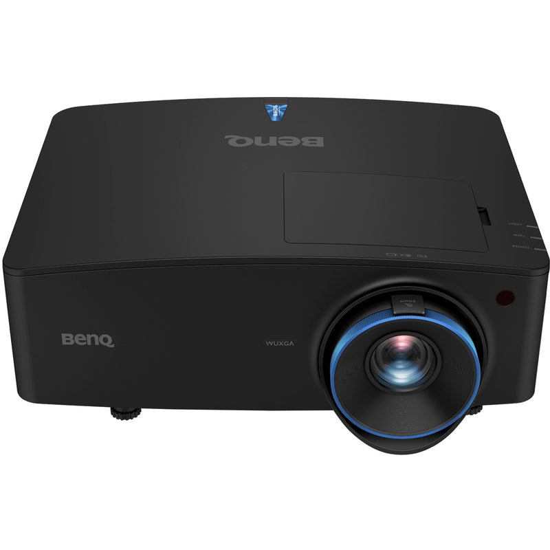 Front angled view of BenQ LU935ST laser projector showing short throw lens with blue accent ring