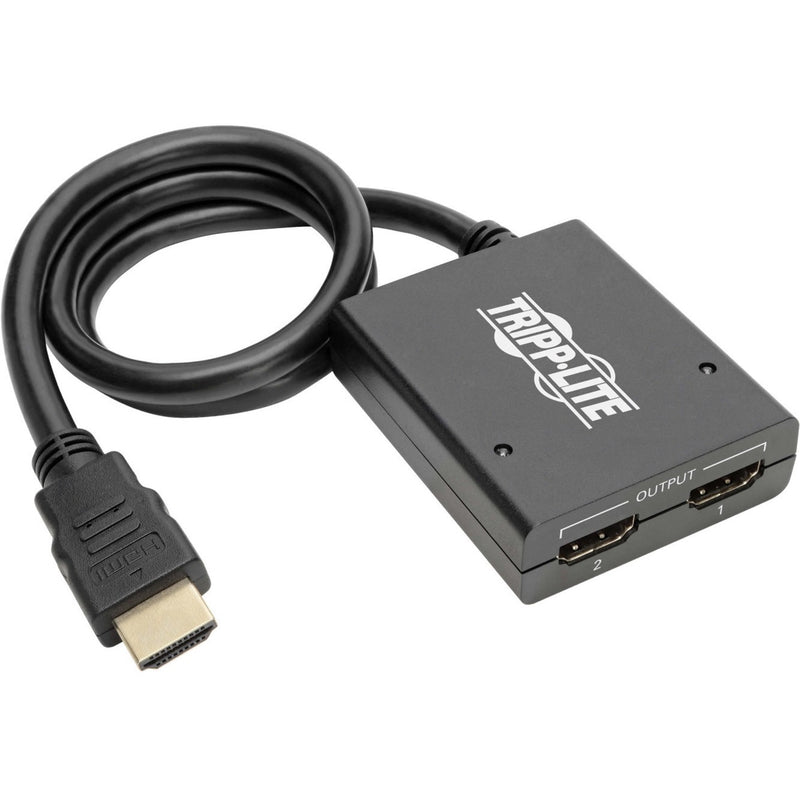 Tripp Lite HDMI splitter with one input cable and two output ports against white background