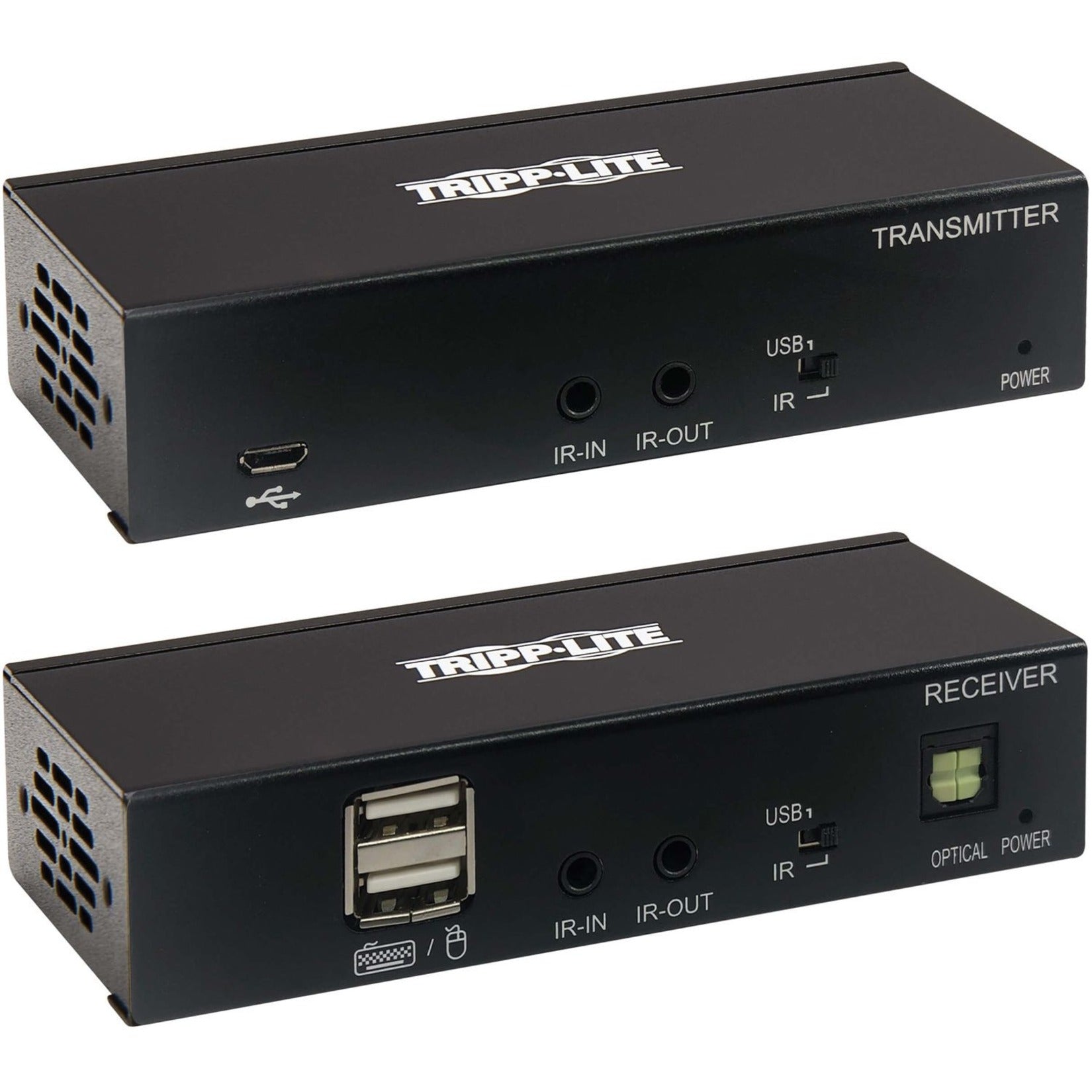 Front view of Tripp Lite B127A-1A1-BDBD KVM extender transmitter and receiver units showing USB ports, IR ports, and status indicators-alternate-image1