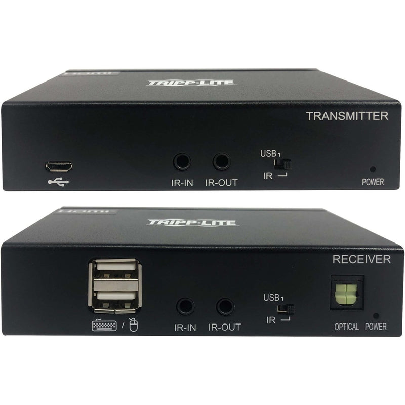 Side profile view of Tripp Lite B127A-1A1-BDBD KVM extender showing USB ports and optical indicators