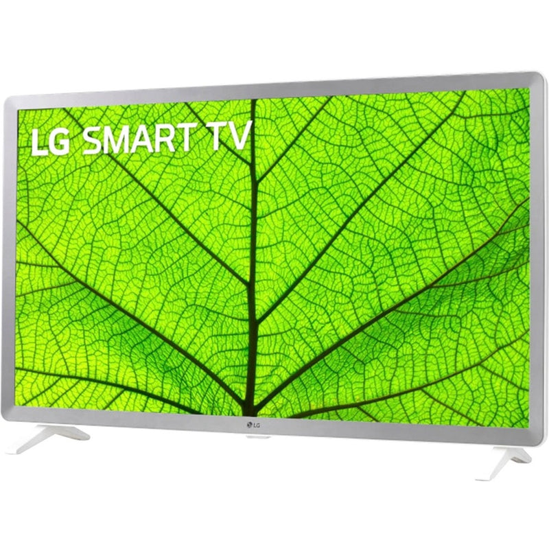 Angled view of LG TV showing vivid green leaf pattern display