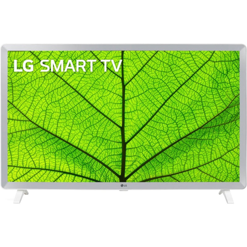 Front view of LG 32-inch Smart TV displaying bright green leaf pattern demonstrating color quality