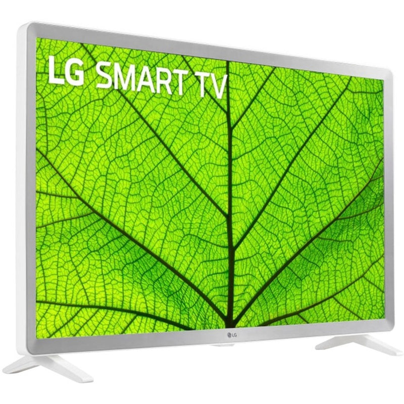 Angled view of LG 32-inch Smart TV in white finish with modern stand design