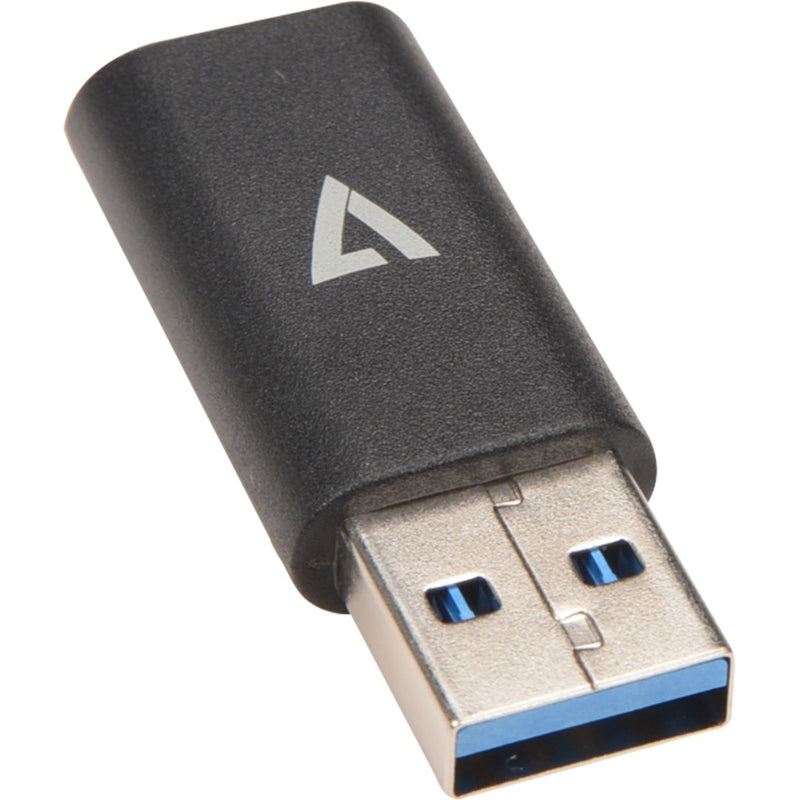 Angled view of V7 USB adapter showing construction quality and USB port