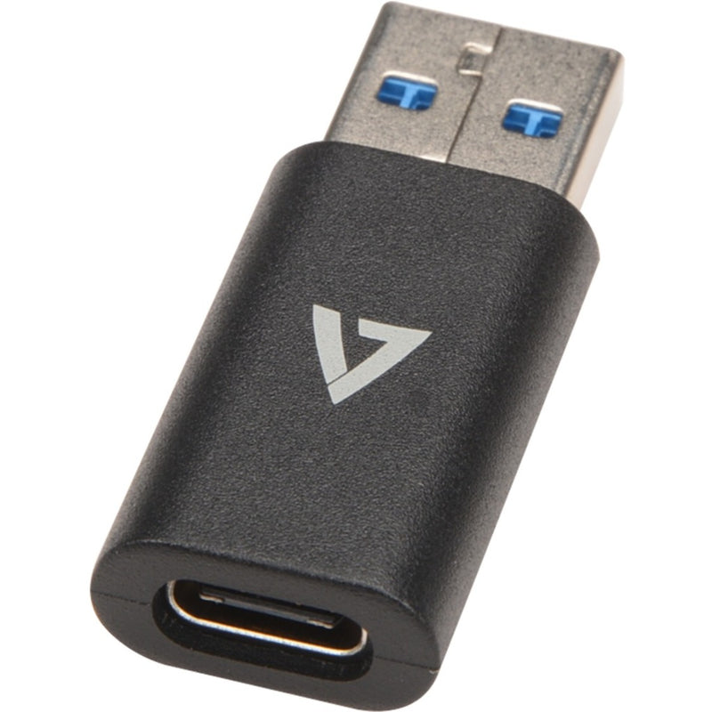 V7 USB-A to USB-C adapter showing USB 3.2 blue ports and V7 logo on black housing