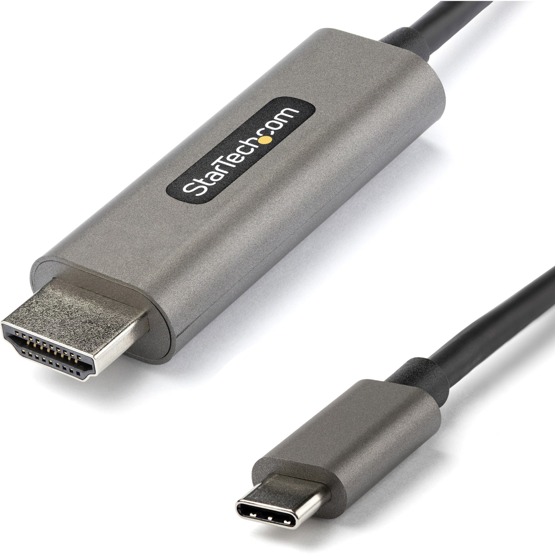 Close-up view of StarTech.com USB-C to HDMI adapter showing HDMI connector and USB-C connector with space gray aluminum housing-alternate-image1