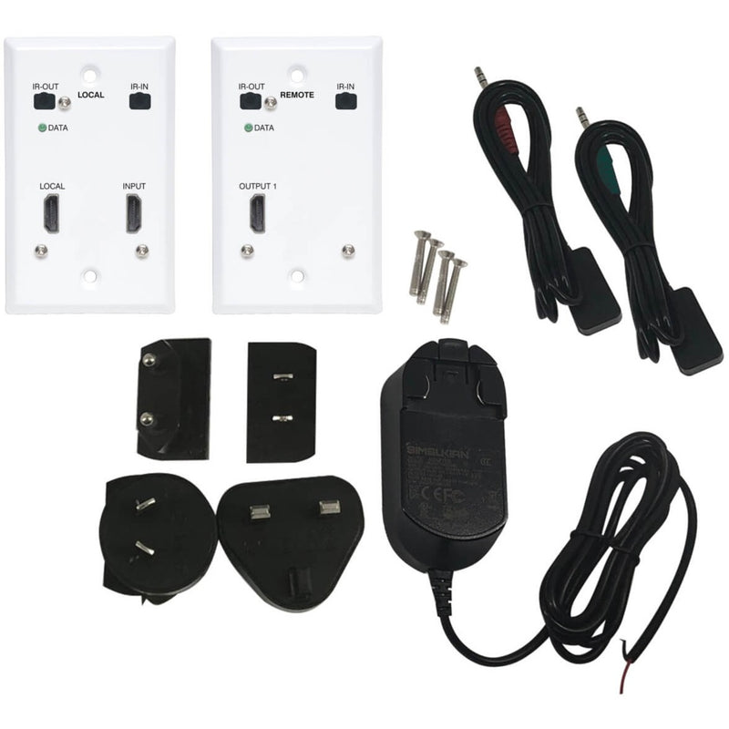 Complete HDMI extender kit contents including wall plates, power adapters, mounting hardware, and IR cables