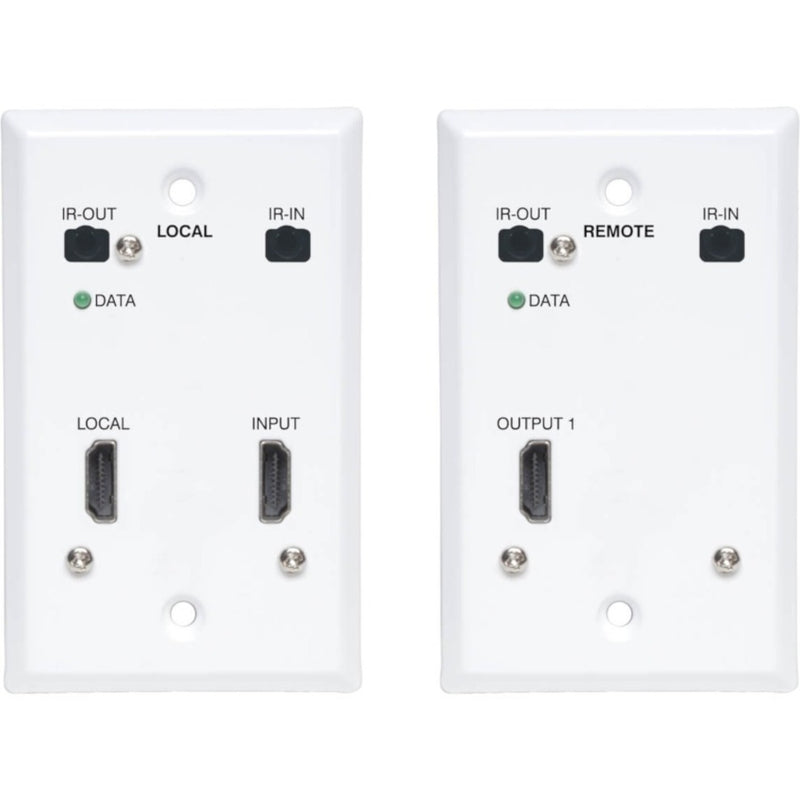 Front view of white wall plate HDMI extender showing transmitter and receiver units with HDMI ports and IR control interfaces