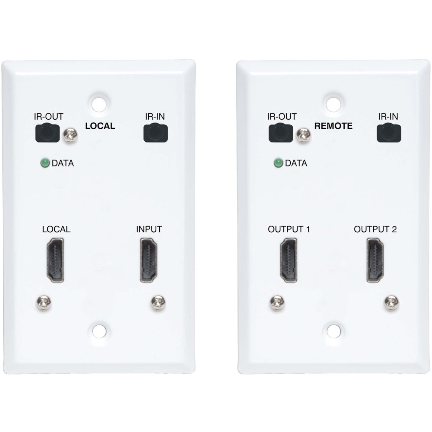 Front view of white wall-plate style HDMI extender transmitter and receiver units showing HDMI ports and IR interfaces-alternate-image1