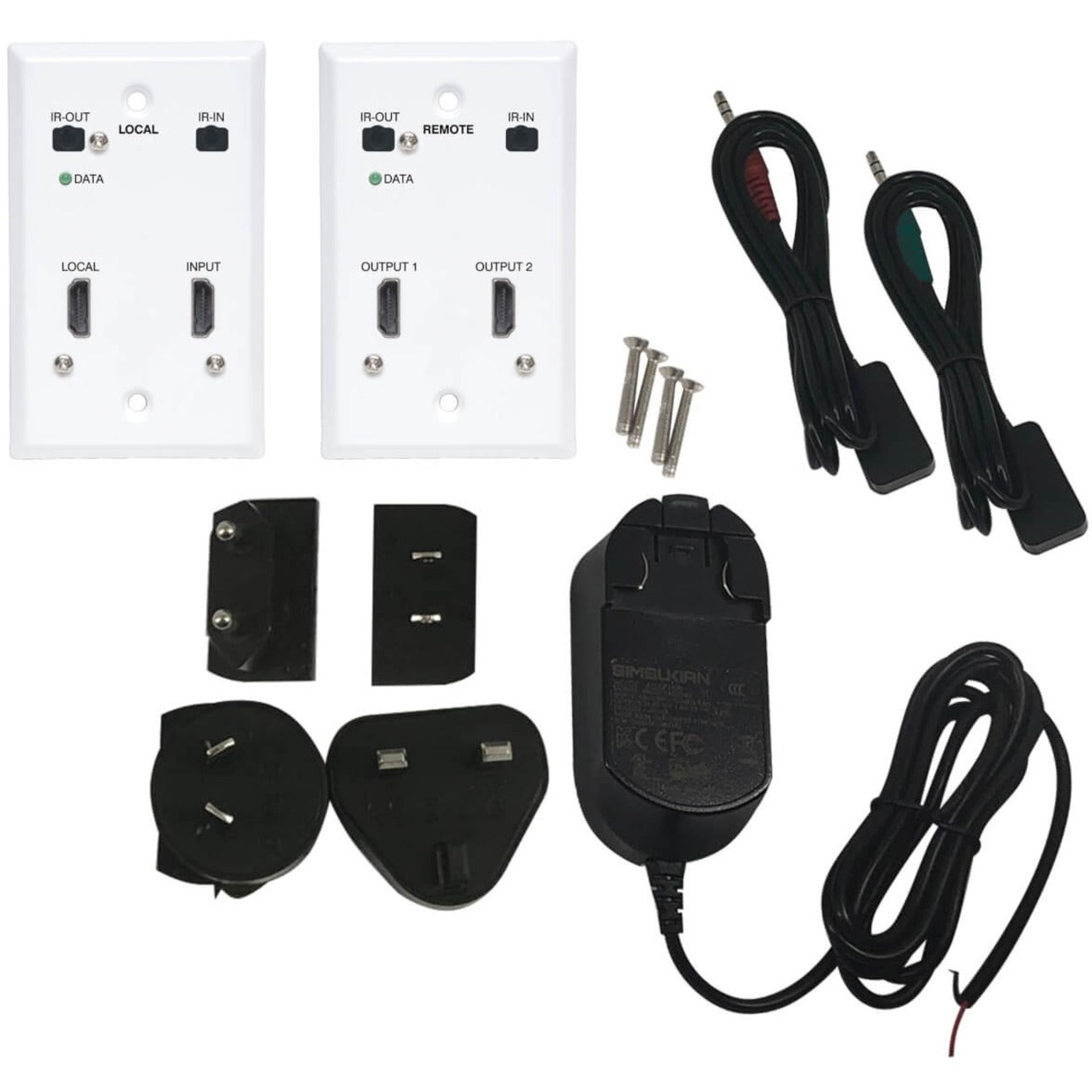 Complete HDMI extender kit components including wall plates, power adapters, mounting hardware, and IR cables-alternate-image3