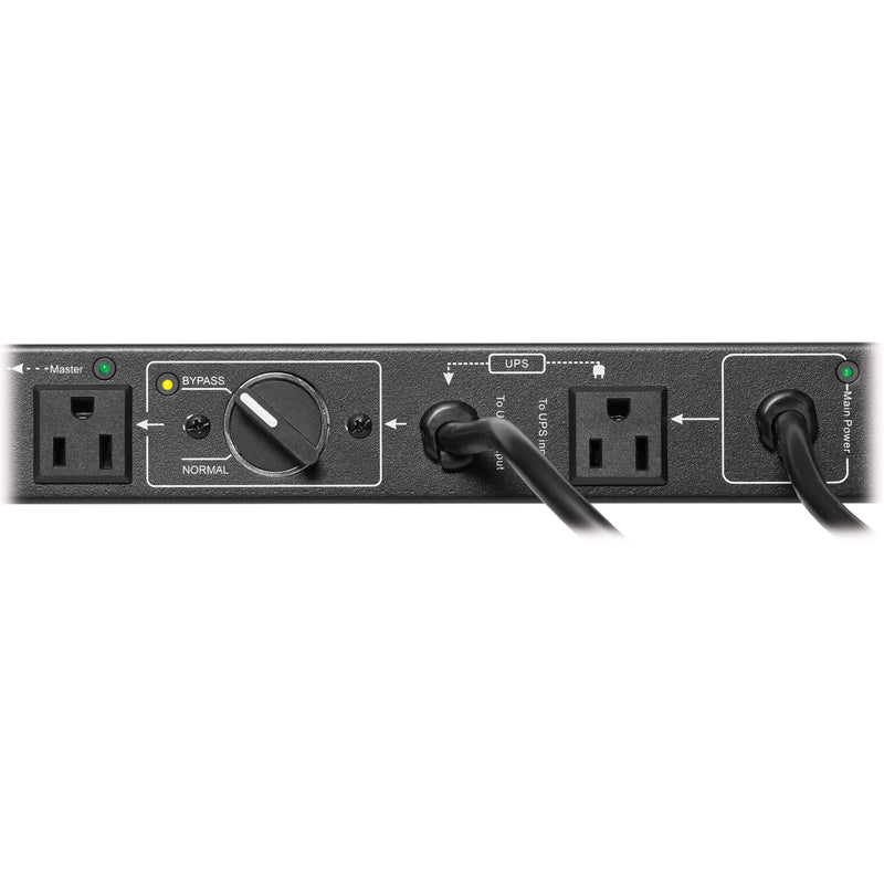 Detailed view of PDUB151U's bypass control switch and dual power inputs