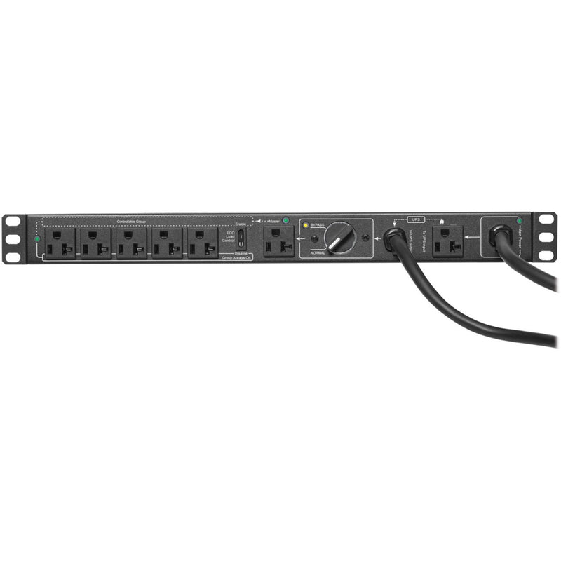 Close-up view of Tripp Lite PDUB201U PDU outlet groups and ECO control switch