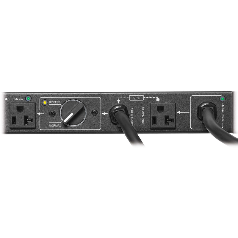 Close-up of Tripp Lite PDUB201U PDU bypass switch and master outlet