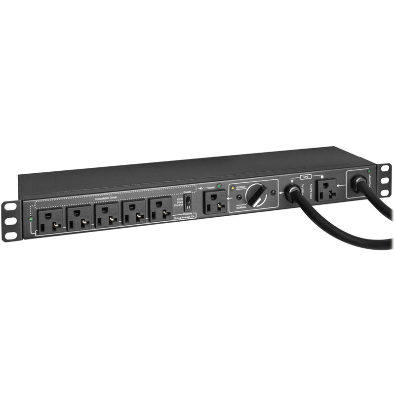 Front view of Tripp Lite PDUB201U PDU showing six NEMA 5-20R outlets and control interface