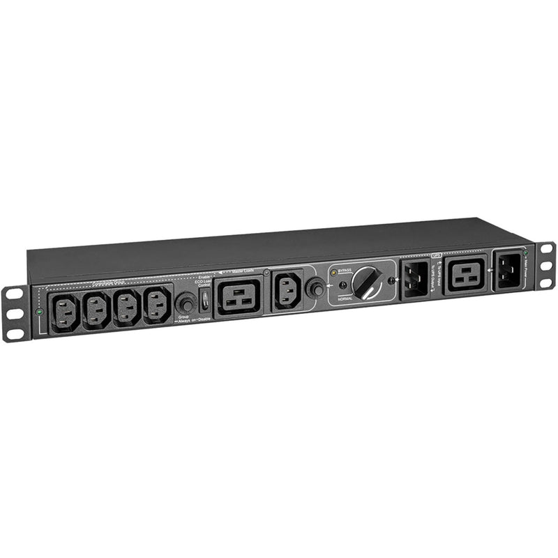 Front view of Tripp Lite PDUBHV201U PDU showing six outlets, bypass switch, and ECO control features