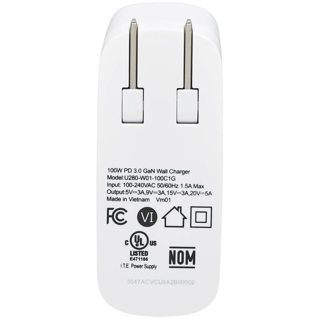 Tripp Lite U280-W01-100C1G Compact 1-Port USB-C Wall Charger GaN Technology 100W PD3.0 Charging White   Tripp Lite U280-W01-100C1G Compact 1-Poort USB-C Wandlader GaN Technologie 100W PD3.0 Opladen Wit