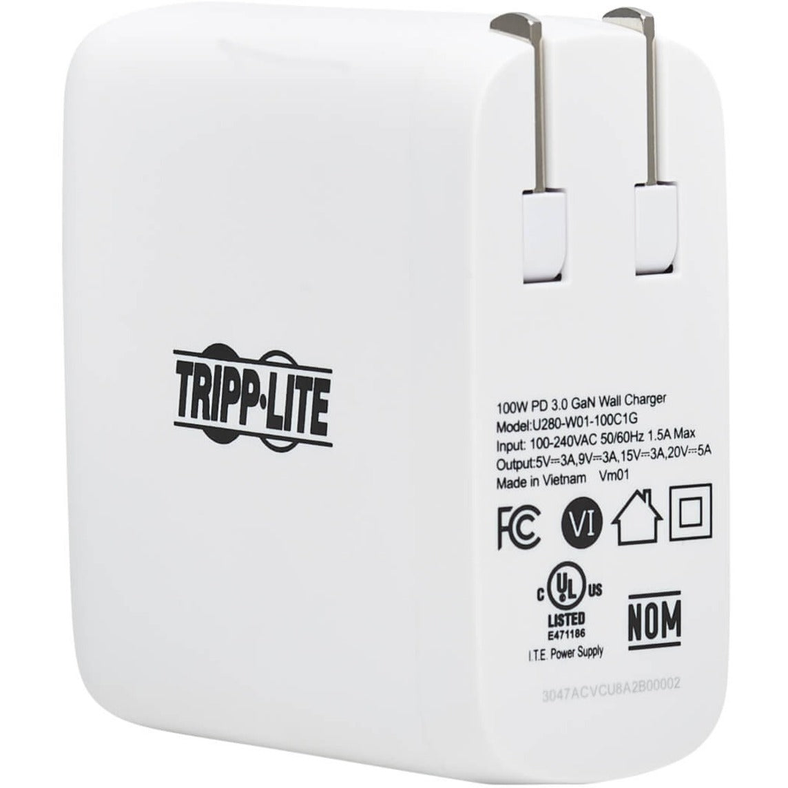 Tripp Lite U280-W01-100C1G Compact 1-Port USB-C Wall Charger, GaN Technology, 100W PD3.0 Charging, White