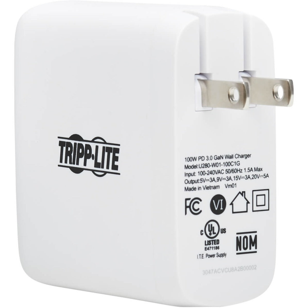 Cargador de pared compacto Tripp Lite U280-W01-100C1G 1 puerto USB-C tecnología GaN carga PD3.0 de 100W blanco