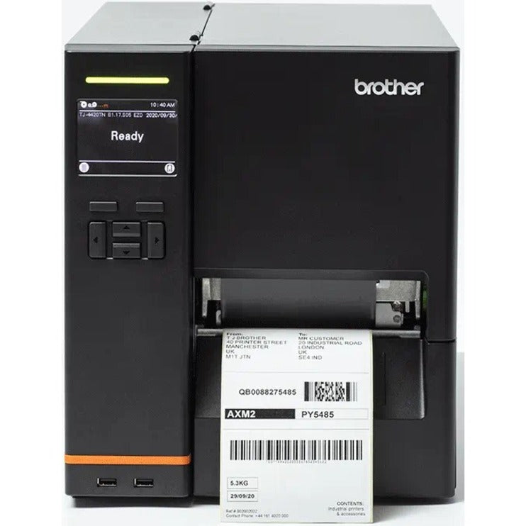 طابعة علامات صناعية Brother TJ4520TN بدقة 300 نقطة في البوصة، شاشة LCD، منفذ USB ومنفذ تسلسلي، محول طاقة مدرج