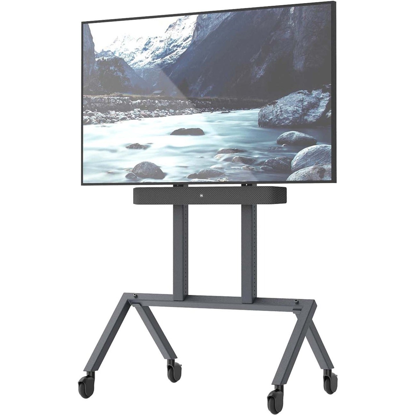 Full view of Heckler AV Cart with mounted display and soundbar on mobile base-alternate-image1