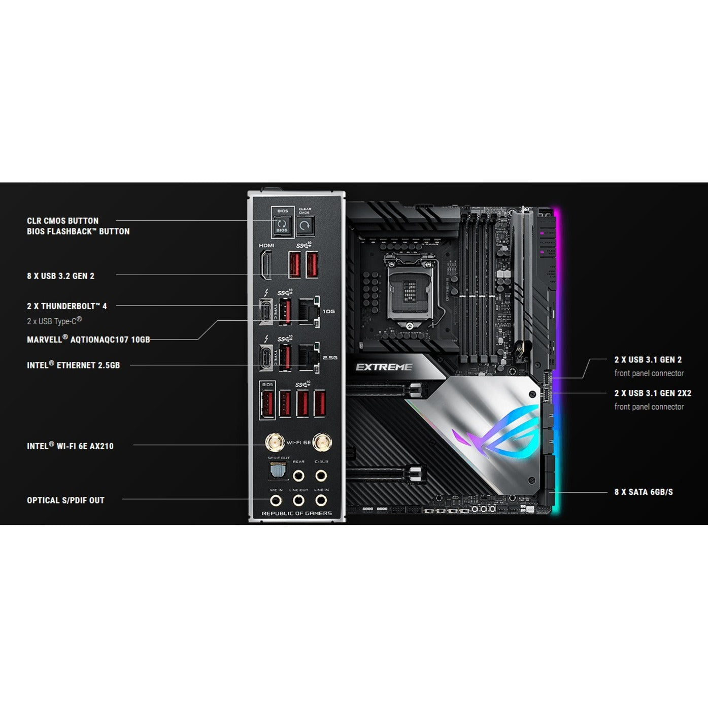 Asus ROG MAXIMUS XIII EXTREME Z590 LGA 1200 EATX Gaming Motherboard, PCIe 4.0, 18+2 Power Stages, 5x M.2, 10 Gb & Intel 2.5Gb LAN, Thunderbolt 4 Onboard, 1.77" Livedash OLED and AURA RGB Lighting