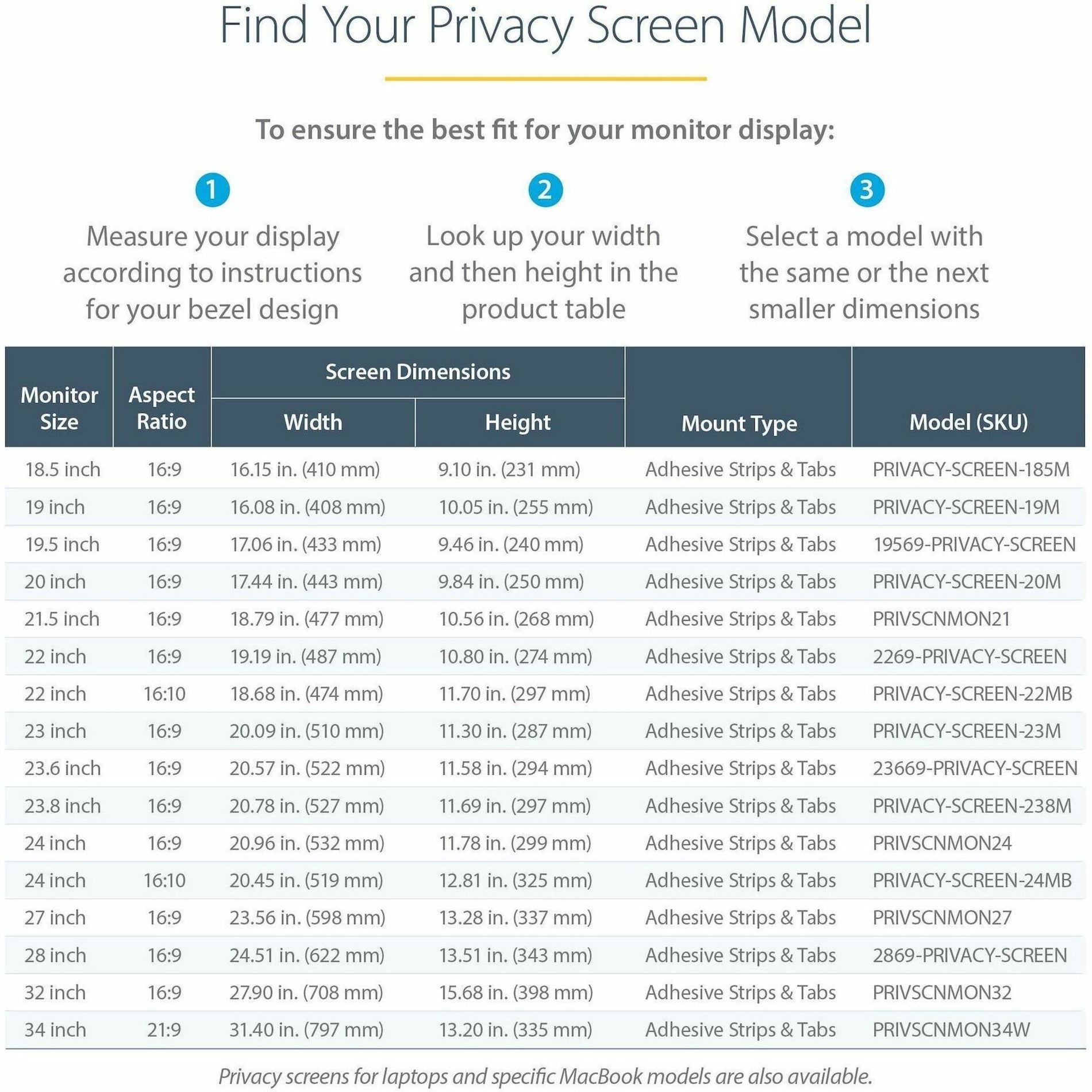 Product selection table showing privacy screen dimensions and compatibility-alternate-image5