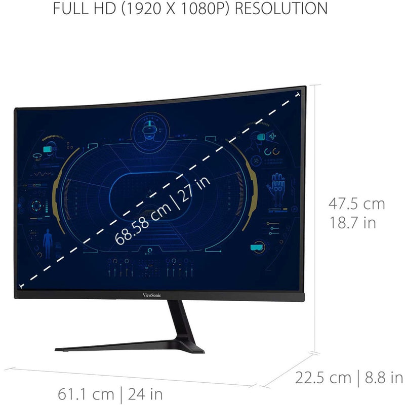 ViewSonic monitor displaying technical specifications and dimensions