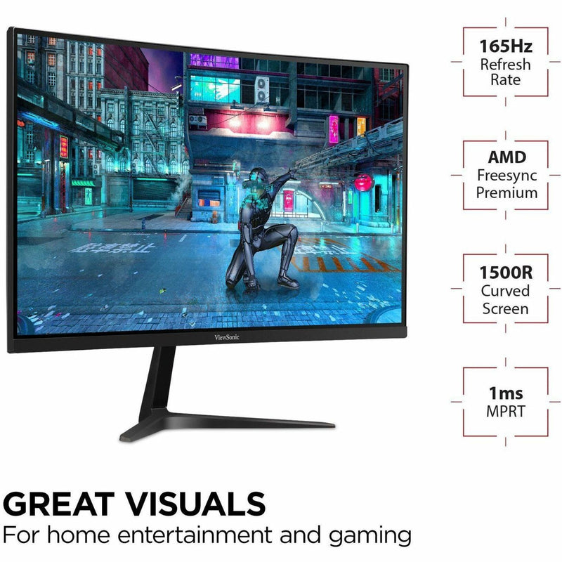 ViewSonic monitor displaying gaming scene with technical specifications