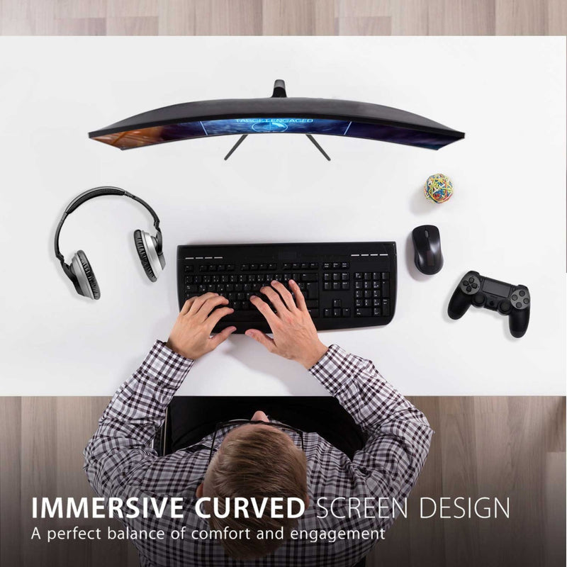 Top-down view of gaming setup with curved ViewSonic monitor