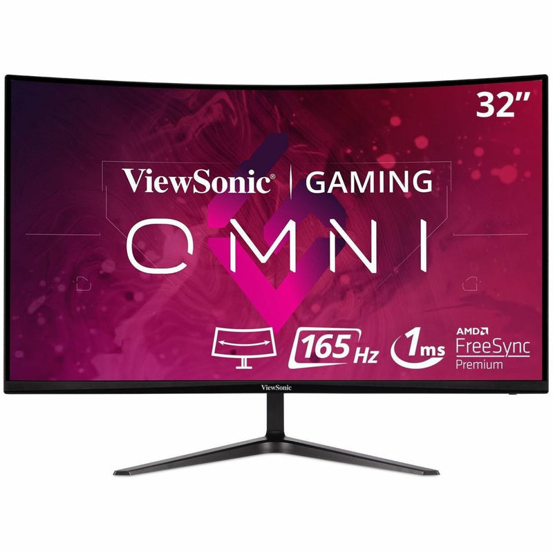 Front view of ViewSonic 32-inch curved gaming monitor with OMNI branding and gaming specifications